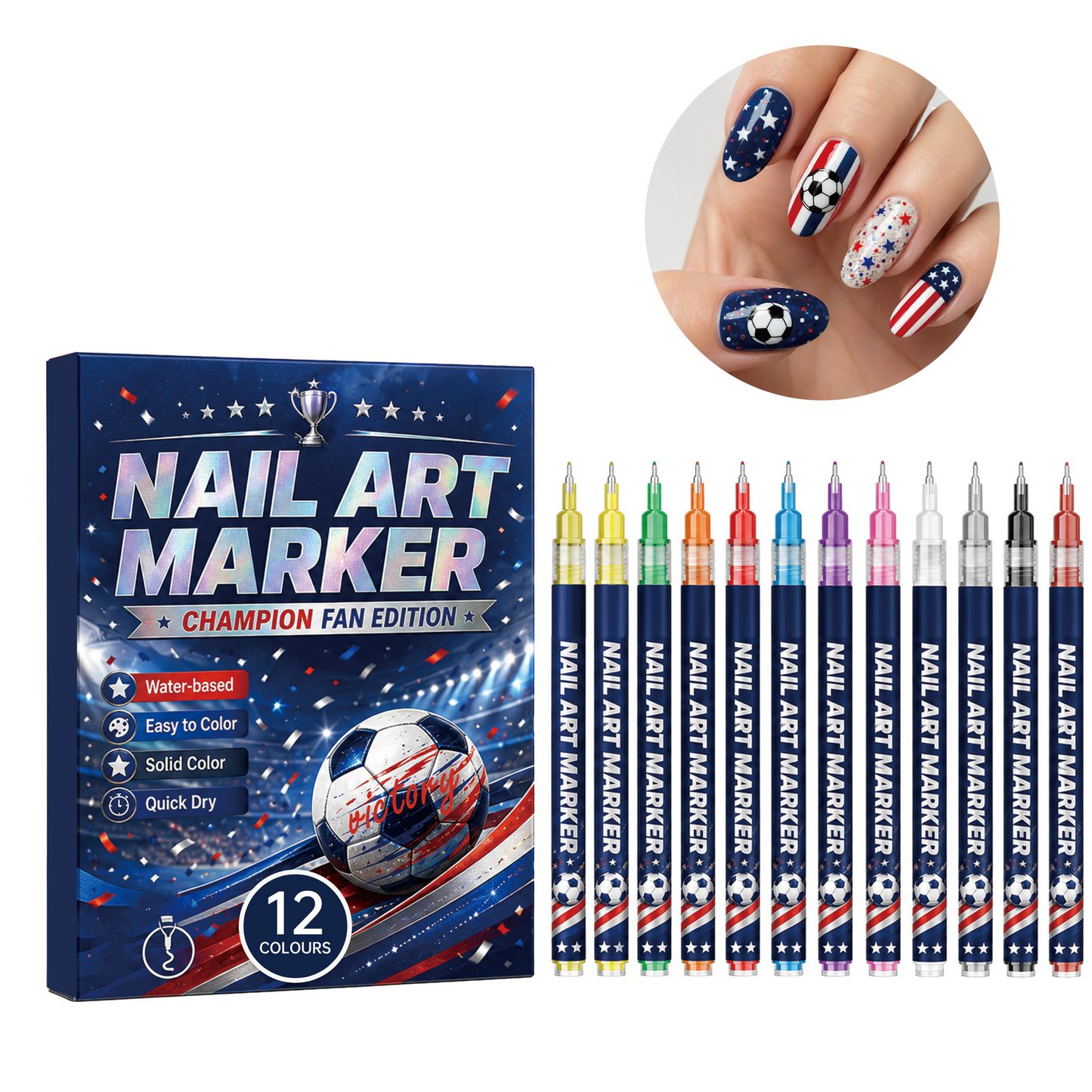 Pureretain World Cup Nail Art Marker Set | 12 Colors | Quick-Dry Fan Nail Designs