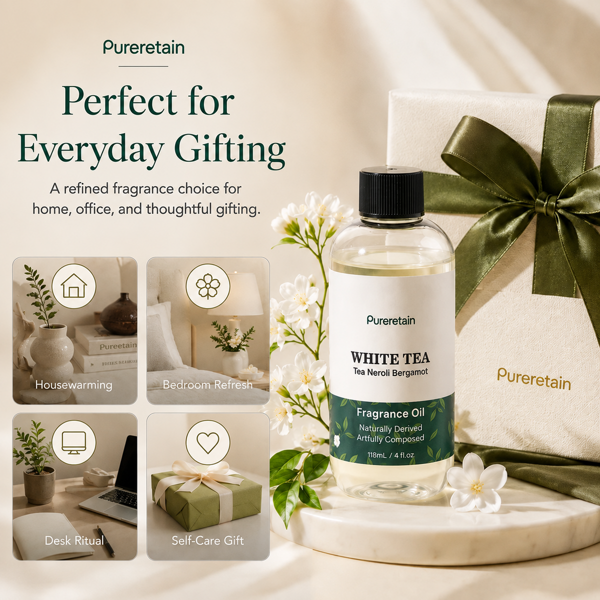 Pureretain White Tea Hotel Diffuser Oil – 118ml | White Tea, Neroli & Bergamot