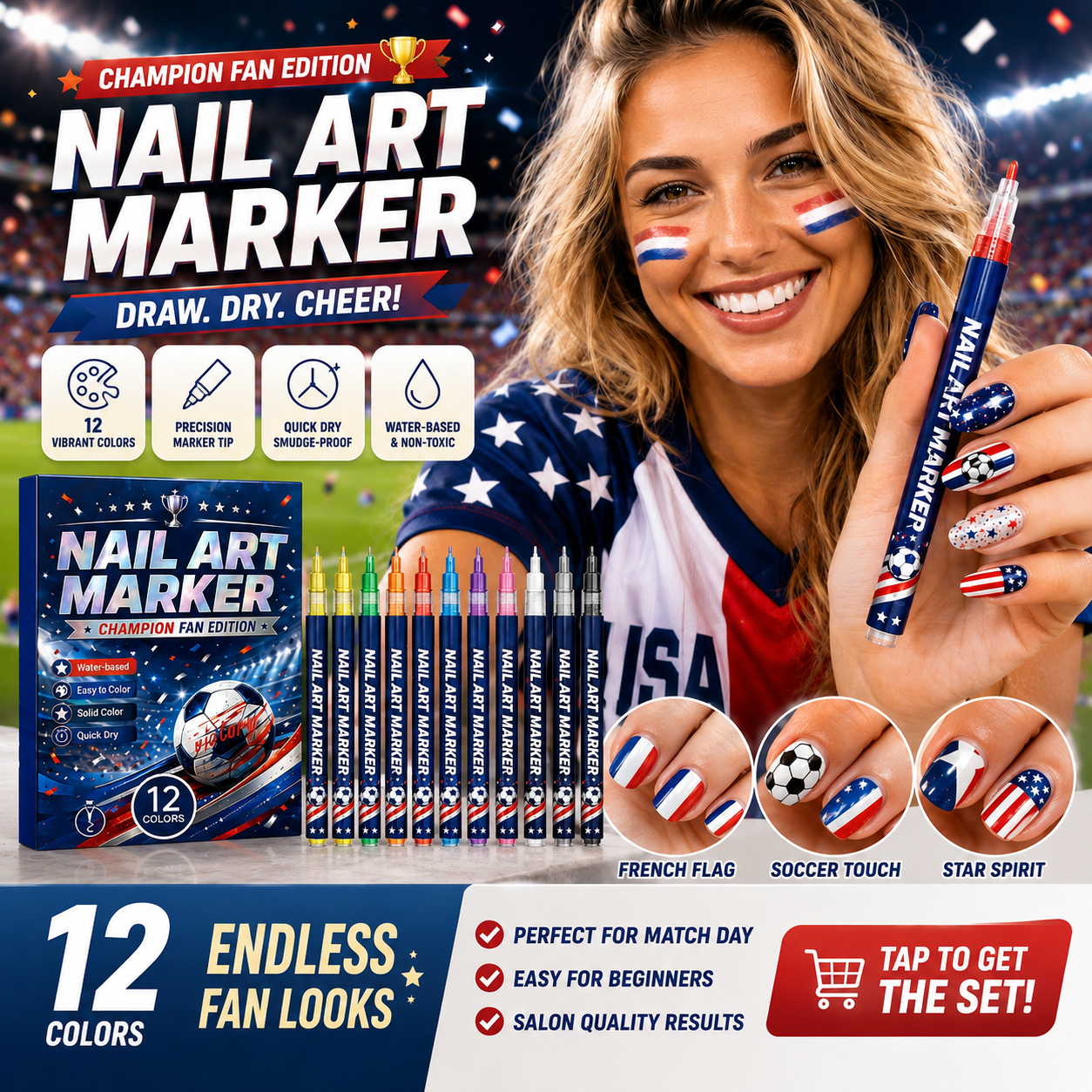 Pureretain World Cup Nail Art Marker Set | 12 Colors | Quick-Dry Fan Nail Designs